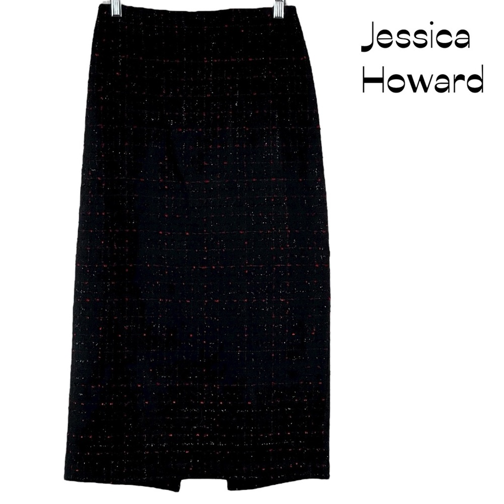 Jessica Howard Black Red Tweed Midi Skirt NWOT Size 6